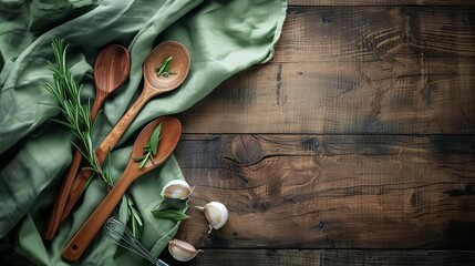 Wall Mural - green tablecloth wooden table background cooking utensils backdrop for food photography
