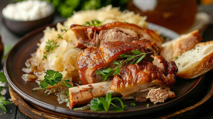 Wall Mural - Savory czech roasted pork with sauerkraut, fluffy bread dumplings, and fresh parsley on a rustic serving platter