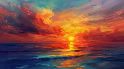 Wall Mural - An artistic depiction of a vibrant sea sunset or sunrise with yellow, red, and orange hues.

