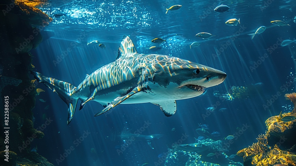 Shark Fin Rays Great white shark with its main four fins swimming under sun rays in ...