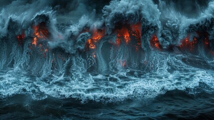 Wall Mural -  A large ocean body with a substantial volume of lava in its center, surrounded by water A red light emanates from the surface above the lava
