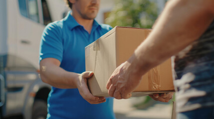  young man in a blue shirt handing a cardboard box to a customer at home, 