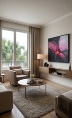 Sophisticated professional photograph of a burgundy and rose gold luxury living room interior with abstract art and indoor palm trees