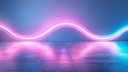 Wall Mural -  A blue-pink background with a central wave of light; foreground features a wooden floor