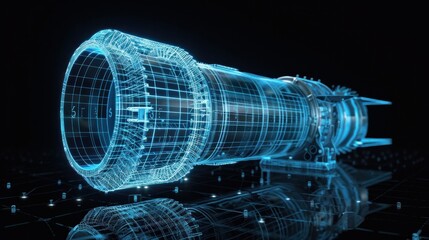 A detailed wireframe rendering of a turbojet engine alongside its mirrored physical body, set against a black background.

