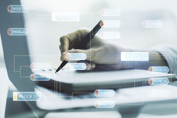 Wall Mural - multi exposure of abstract software development hologram and hand writing in notebook on background 