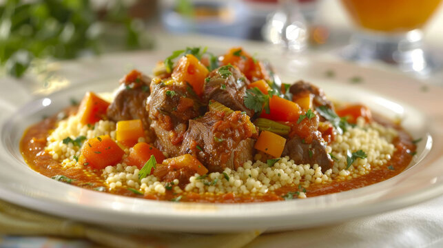 Traditional moroccan lamb tagine stew with couscous, garnished with tomatoes and fresh herbs, presented on a white plate