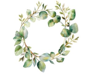 Flower Circle. Watercolor Eucalyptus Frame with Tropical Blue and Gold Floral Arrangement