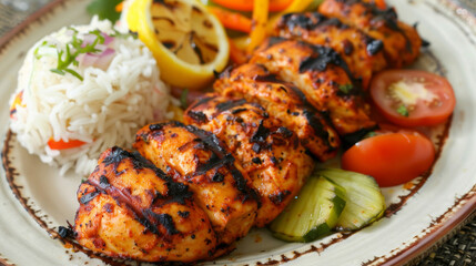 Wall Mural - Delicious grilled chicken skewers served with white rice, fresh tomatoes, cucumbers, and a slice of grilled lemon on a rustic plate