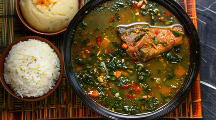 Wall Mural - Authentic african meal: a delicious bowl of spinach stew with white rice and fufu, served on a vibrant, patterned mat