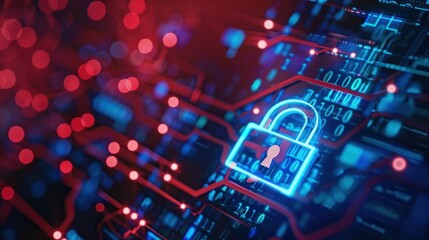 cybersecurity concept with a digital lock on a data stream