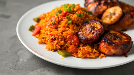 Wall Mural - Up-close photo of a platter of spicy jollof rice with crispy fried plantains and fresh veggies on a neutral background
