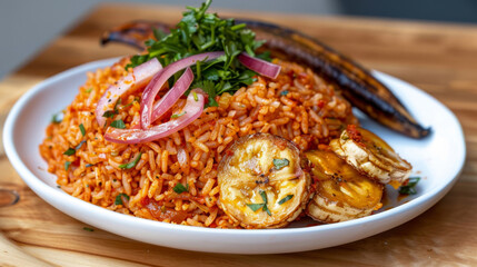 Wall Mural - Vibrant african cuisine: authentic jollof rice with grilled ripe plantains and fresh garnish beautifully presented on a white plate