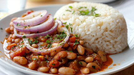 Wall Mural - Savory bean stew with onion rings, served with white rice and garnished with fresh parsley, perfect for a satisfying meal