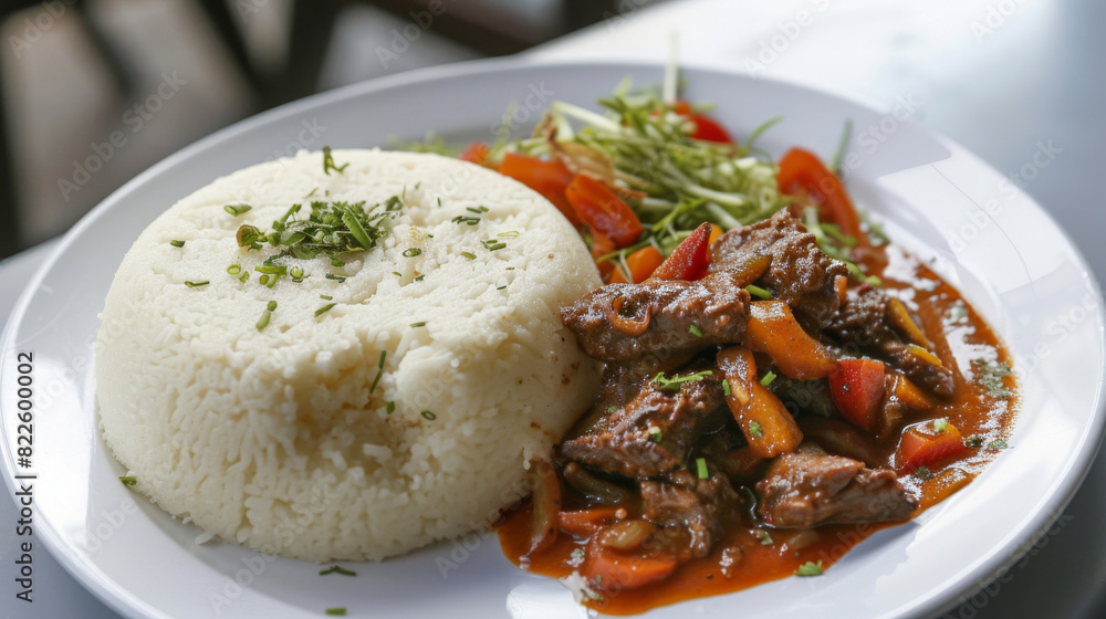 Succulent beef stew with carrots and a side of perfectly steamed rice ...