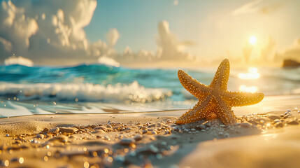 Close-Up of Starfish on Tropical Beach, Textured Sand and Ocean Waves, Marine Beauty in Natural Setting