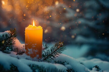 Wall Mural - Candle glowing on snow