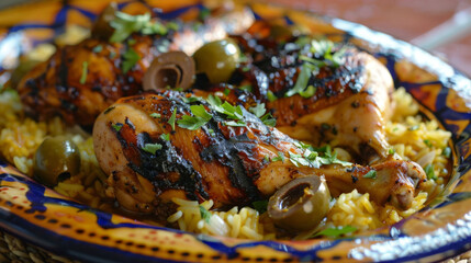 Wall Mural - Grilled chicken drumsticks with fresh parsley, served on seasoned rice alongside green olives in a classic ceramic dish