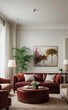 © Rezhwan - Sophisticated professional photograph of a burgundy and rose gold luxury living room interior with abstract art and indoor palm trees