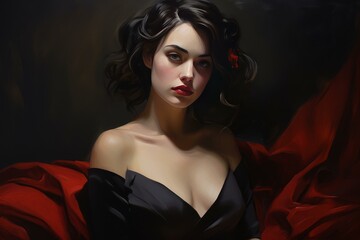 Wall Mural - Artistic portrayal of a stunning woman with a red flower posing elegantly