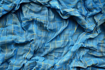 Wall Mural - Close up of blue plaid fabric with yellow stripe