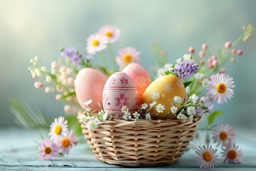 Canvas Print - Colored eggs in basket with flowers