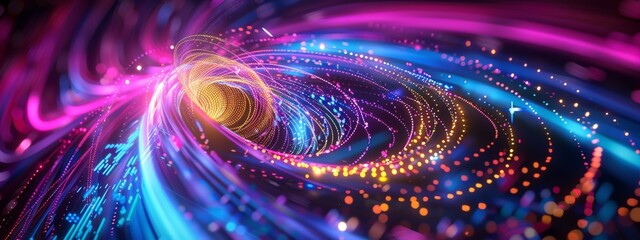 Wall Mural - abstract digital art illustration of glowing lines and dots forming curves, spirals and circular sha