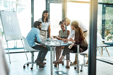 Poster - Woman, business and diversity in boardroom for meeting or presentation, manager or leader with collaboration. Female person and colleagues in office for planning or teamwork, discussion for strategy
