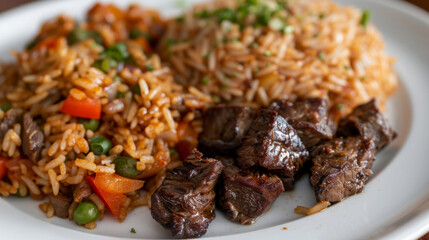 Wall Mural - Close-up image of a savory beef stir fry paired with seasoned fried rice garnished with fresh green onions on a white plate