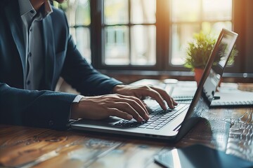 Poster - Person using laptop on wooden table