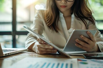 Poster - Woman using tablet and laptop at table