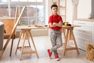 Sticker - Portrait of cute little builder in room