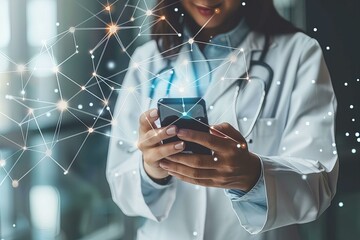 Wall Mural - woman in lab coat holds cell phone