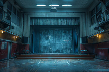 Poster - A makeshift stage set up in the gymnasium for end-of-year performances and talent shows, showcasing the students' artistic abilities. Concept of talent showcase and performance art. Generative Ai.