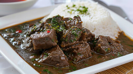 Wall Mural - Savory beef stew in a flavorful gravy, complemented by fresh herbs, served with white rice on an elegant table setting