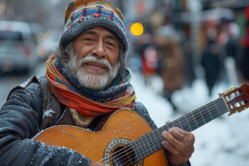 Poster - A musician serenading passersby on a busy street corner, filling the air with melodies that uplift the soul. Concept of street performance and cultural enrichment. Generative Ai.