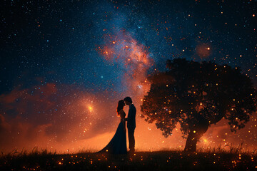 Wall Mural - a couple embracing under a starry sky, their silhouettes illuminated by the moonlight. concept of ro