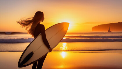 Photo surfer watching the sea holding surfboard in silhouette style. sunset and sunrise of the sea beach photography