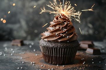 Wall Mural - Chocolate cupcake with sparkler on top