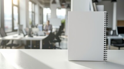 Wall Mural - A white spiral notebook sits on a table in a busy office, mockup