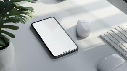 Wall Mural - A white phone sits on a desk next to a mouse and a potted plant, mockup