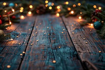 Wall Mural - Wooden table christmas decorations lights