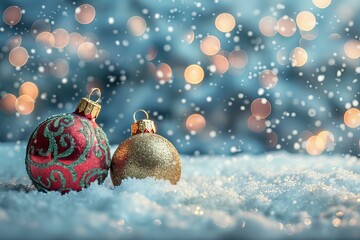 Wall Mural - Two christmas ornaments on snow surface