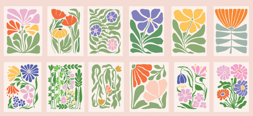 abstract plants. botanical doodle background art set. flower and leaves abstract shape. trendy flora