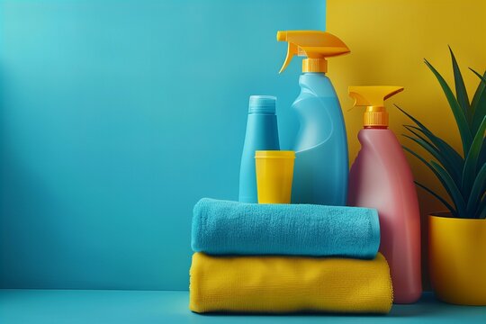 Blue towel, yellow bottle, plant close up
