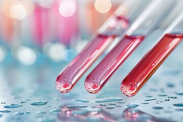 Wall Mural - three test tubes filled with red liquid on a table