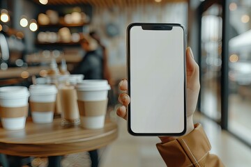 Canvas Print - Someone in coffee shop holding phone with white screen