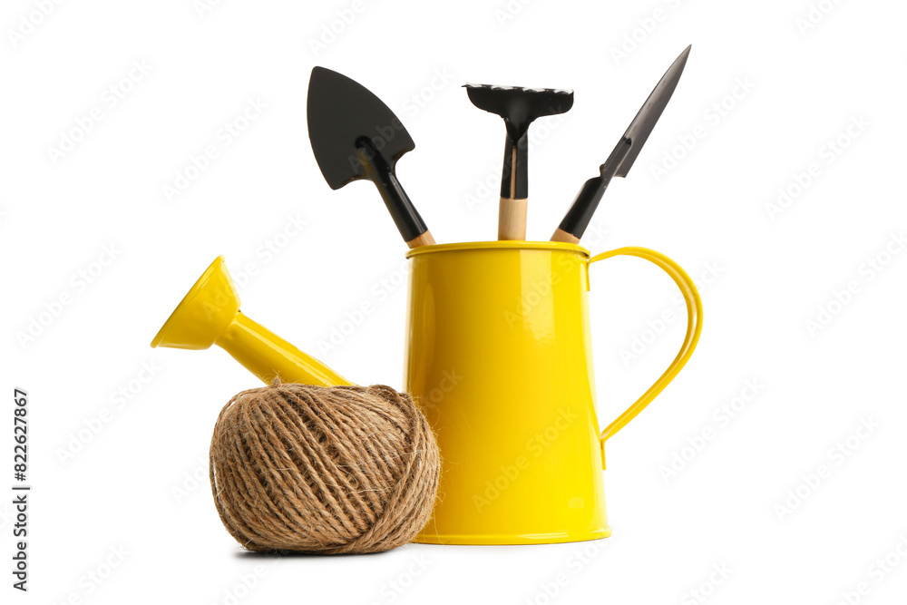 Different gardening equipment on white background
