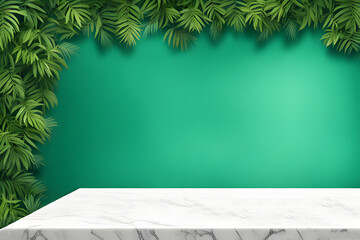 High quality white grey marble texture display podium product placement with blurred nature realistic tropical summer green sun leaves background 3d mock-up