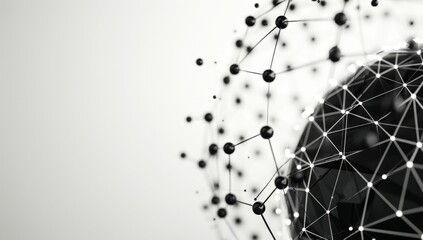 Abstract black and white low poly network grid on sphere with dots and lines, technology background Big data connection concept, digital wallpaper design Generative AI